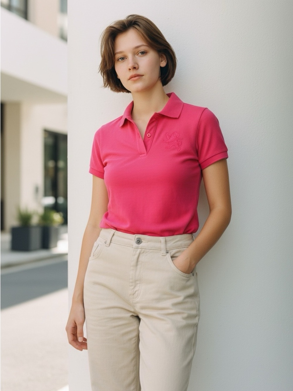 Women's Pink Cotton Polo Top with Embroidered Lion